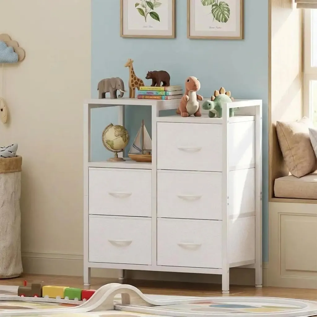Commode 5 tiroirs en tissu blanc structure métal avec étagère ouverte - 3