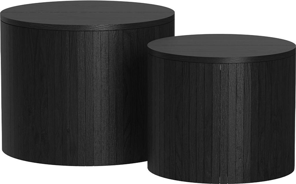 Two cylindrical side tables, one larger than the other, are shown against a white background.