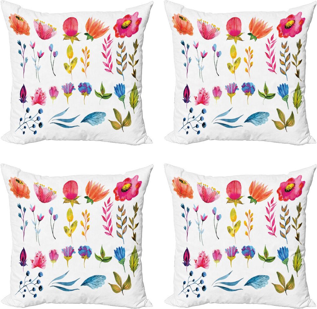 ABAKUHAUS Aquarell Kissenbezug Set (4 Stück), Gartenpflanzen Kunst, Moderner Doppelseitiger Digitaldruck, 40 cm x 40 cm, Mehrfarbig