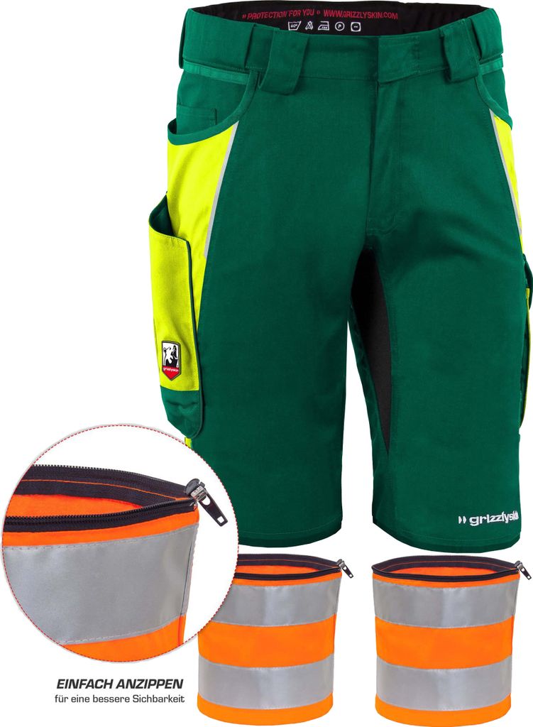 Qualitex kurze Arbeitshose - REFLEX-BUNDLE IRON Shorts + Reflexstreif - Lyocell, Cordura & Stretch - in Farbe: grün/warngelb - Herren: 70 - Damen: 64