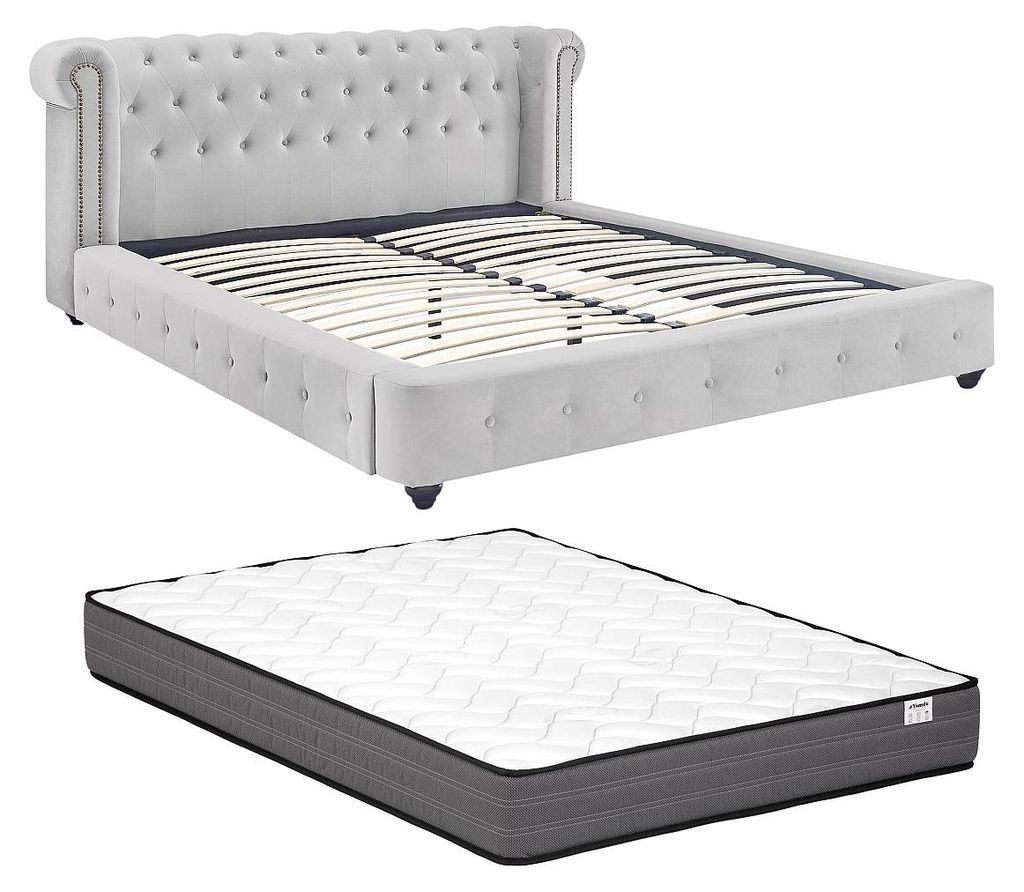 Chesterfield-Bett + Matratze - 160 x 200 cm - Samt - Hellgrau - TONGERLA
