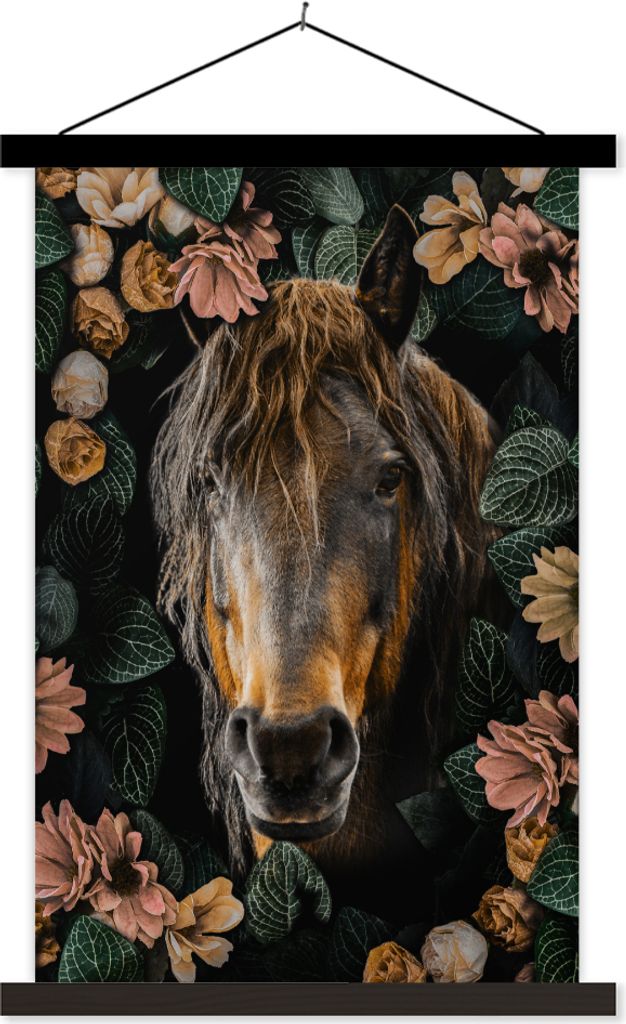 MuchoWow Textilposter Pferd - Blumen - Blätter 60x90 cm mit schwarzem Rahmen - Poster Wohnzimmer