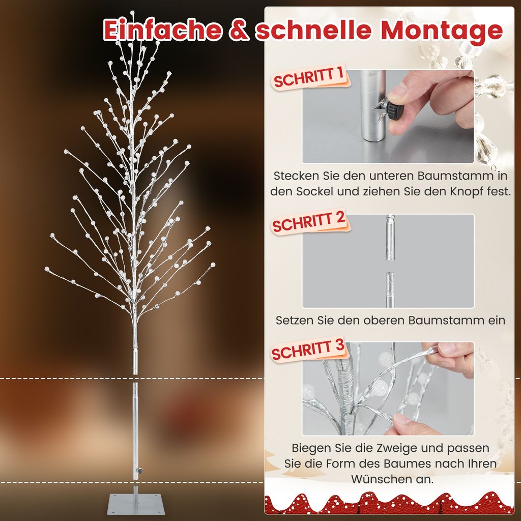COSTWAY LED Lichterbaum Birke - 186cm Beleuchteter Weihnachtsbaum | Warmweiße LEDs & Blasenbälle | IP44 Wasserdicht Für Innen & Außen
