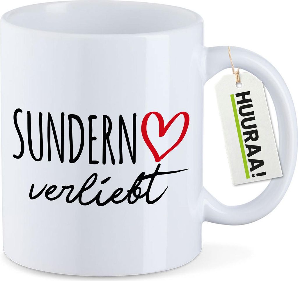 Huuraa Kaffeetasse Sundern Sauerland verliebt 330ml Weiß Keramik Kaffeebecher Geschenkidee