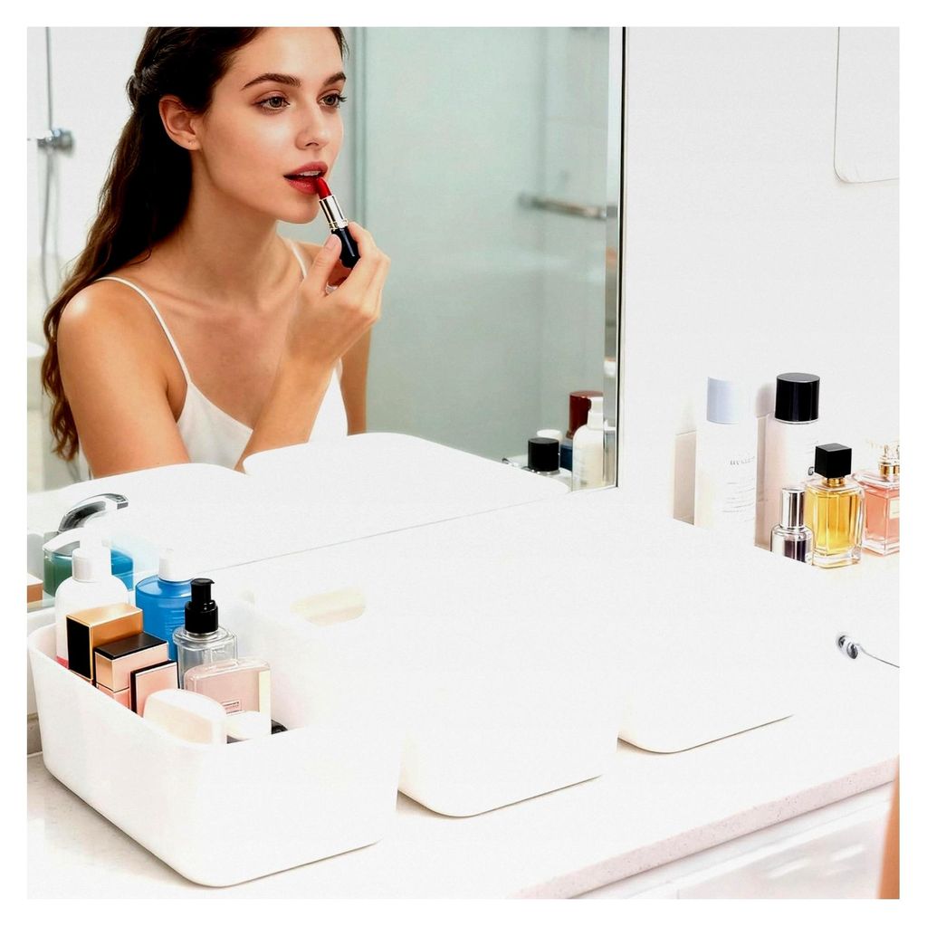 4er Set Weiße Rechteckige Aufbewahrungsboxen mit Griffen, Organizer für Küche, Haus, Büro und Bad (22 x 15 x 10,5 cm)