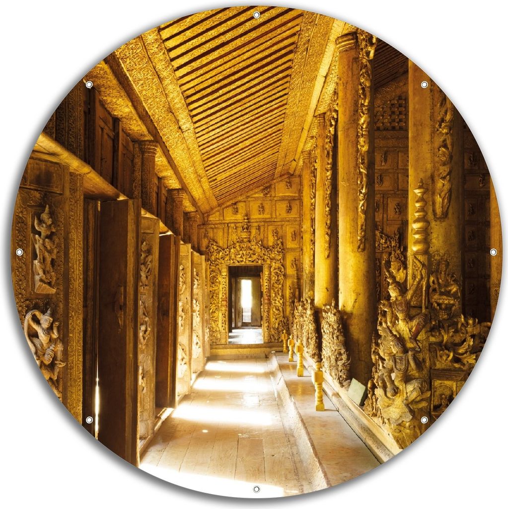 Wallario rundes Outdoor-Poster für Garten oder Balkon, Motiv Buddhistischer Tempel aus Holz - Mandaley, 60 cm Durchmesser