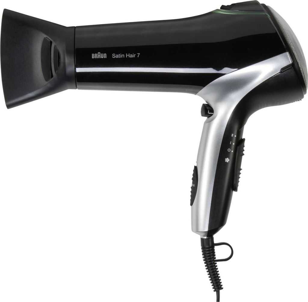 A black and silver Braun Satin Hair 7 hairdryer is shown against a white background.