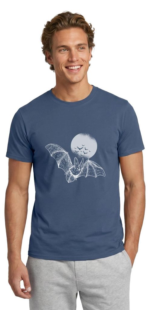 Spreadshirt Halloween Fledermaus Mit Vollmond Gruselig Männer T-Shirt, M, Dunkles Denimblau