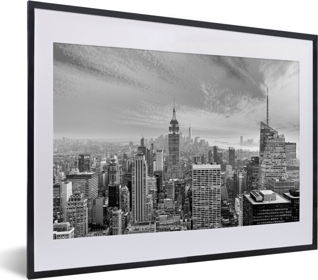 MuchoWow Gerahmtes Poster New Yorker Skyline bei Sonnenuntergang - schwarz und weiß 40x30 cm - Poster mit Schwarzem Bilderrahmen Wandposter Rahm...