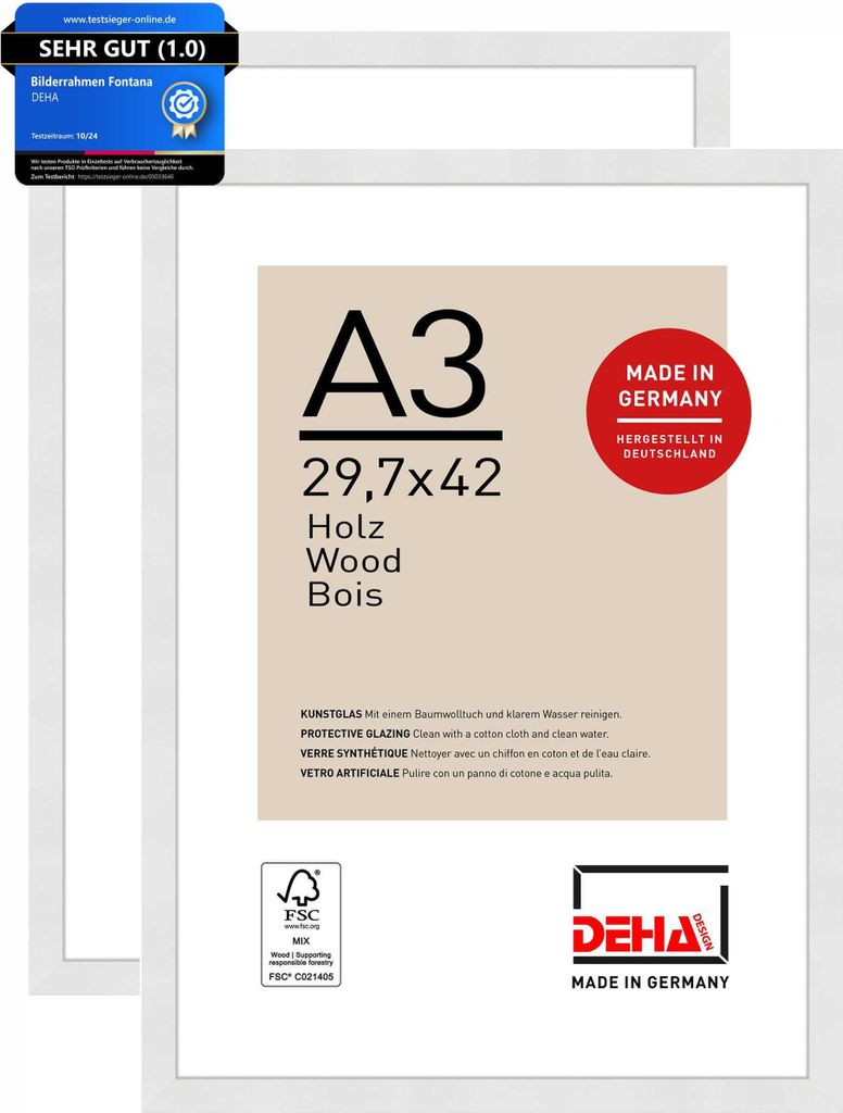 DEHA Design Bilderrahmen Fontana (2er Set), A3 29,7x42 cm, Holz Weiß