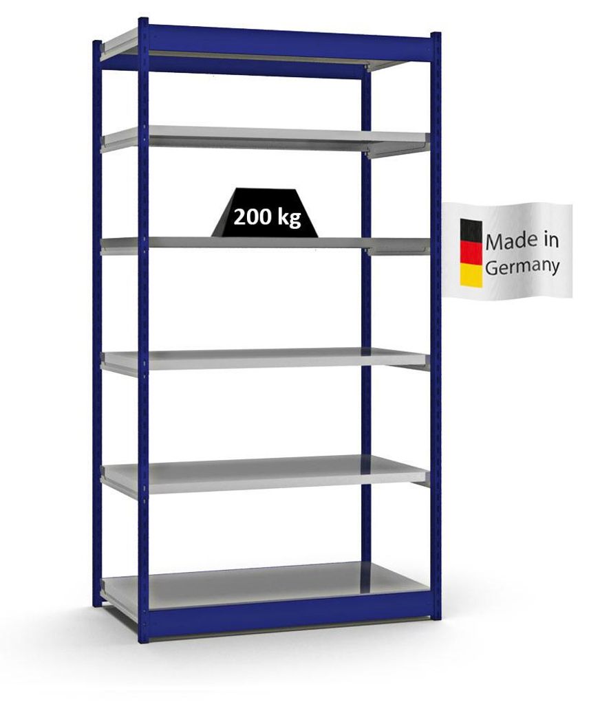 PROREGAL Fachbodenregal Stecksystem Vierkant-Profil MAGNUS Germany | HxBxT 250x132,5x60cm | 6 Ebenen | Fachlast 200kg | Enzianblau/Verzinkt