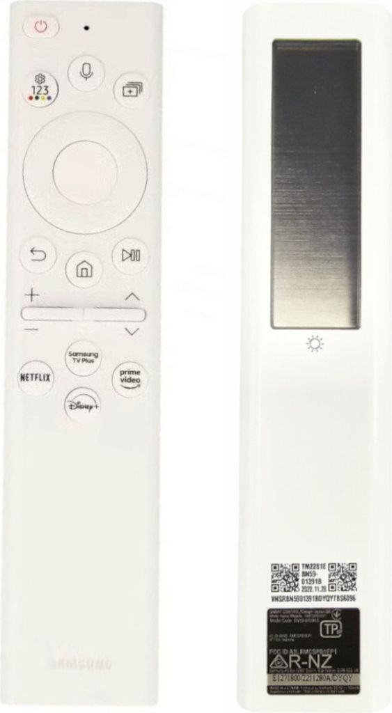 A white Samsung remote control is shown from the front and back.
