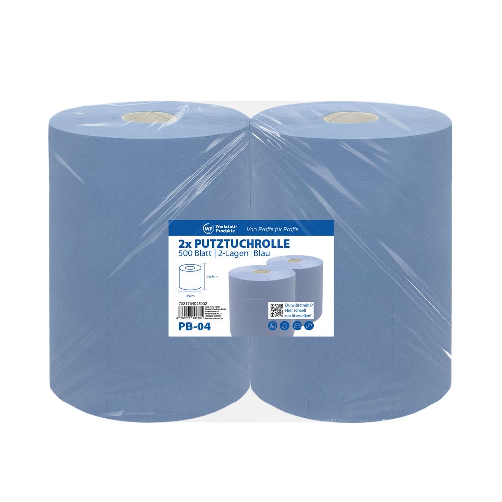 Two rolls of blue paper towels are shown, wrapped in plastic, with a product label in the foreground.