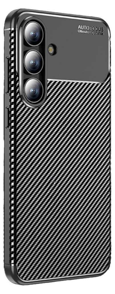 A close-up, angled view of a smartphone case with a carbon fiber pattern.