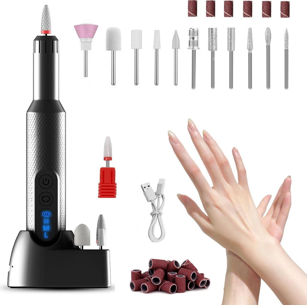MODFU Kabelloser elektrischer Nagelbohrer, tragbare professionelle wiederaufladbare Nagelfeile, mit Nagelbohrer, Nagelpolierer, Schwarz