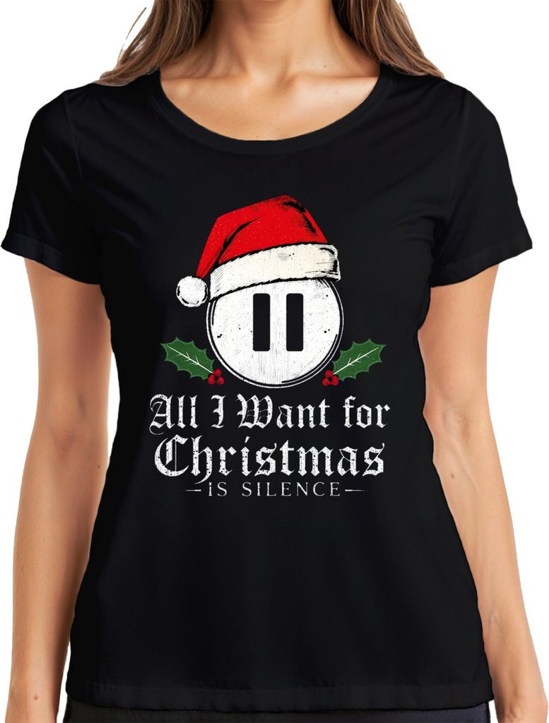 All I Want for Christmas is Silence introvert Santa hat holly Damen T-Shirt, Schwarz, 3XL