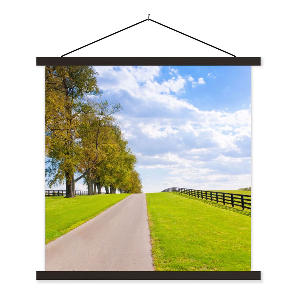 MuchoWow Textilposter Wolken - Bäume - Straße 90x90 cm mit schwarzem Rahmen - Magnetisches