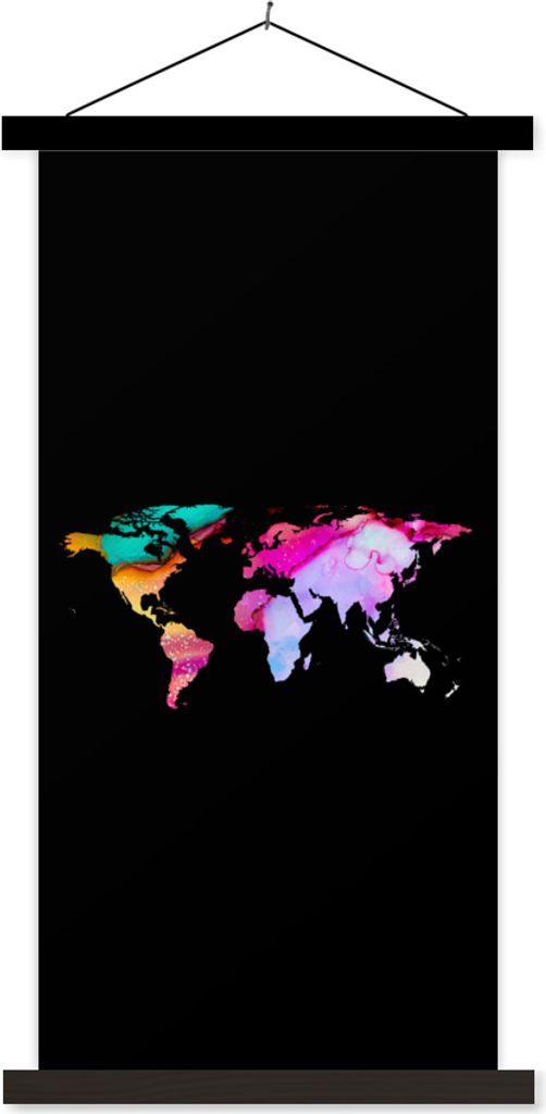 MuchoWow Textilposter Weltkarte - Farbe - Aquarell 40x80 cm mit schwarzem Rahmen - Wandemalerei
