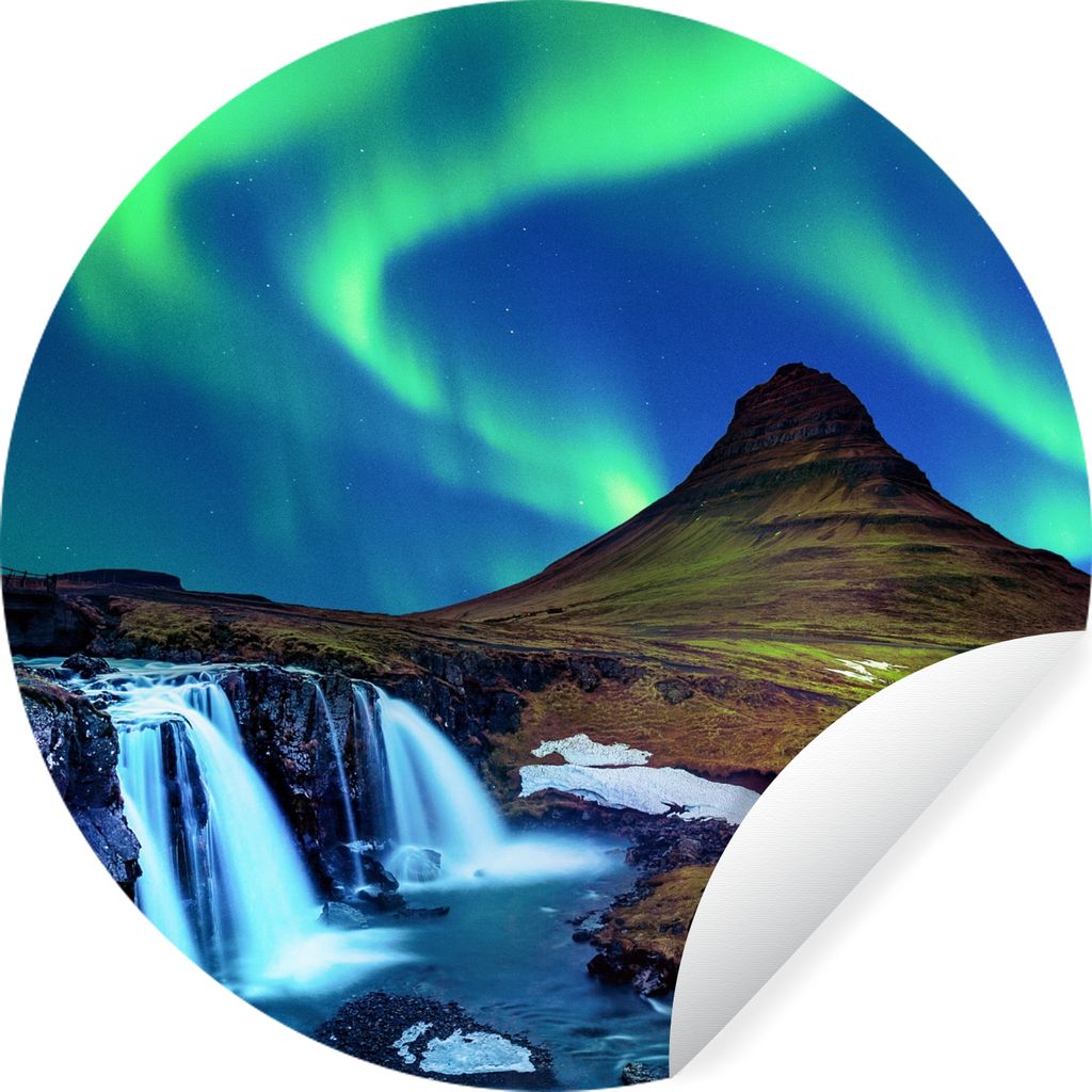 MuchoWow Runde Wandtattoo - Wandsticker Tapete Aufkleber Nordlicht - Sternenhimmel - Island - Berg - Grün - Wasserfall - See Ø 80 cm Selbstkleb...