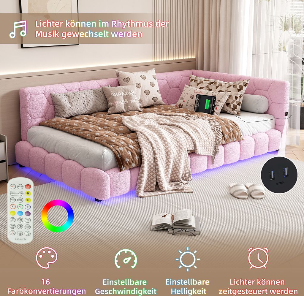 MODFU Tagesbett Polsterbett 90x200cm mit LED und Produktbild 3