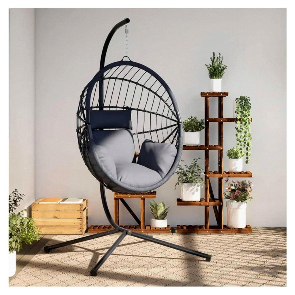 Hängesessel im Ei-Design mit Ständer in Hellgrau aus Rattan und Stahl, Hängekorb Sessel für Outdoor und Indoor, Relax-Stuhl für Garten, Terras...