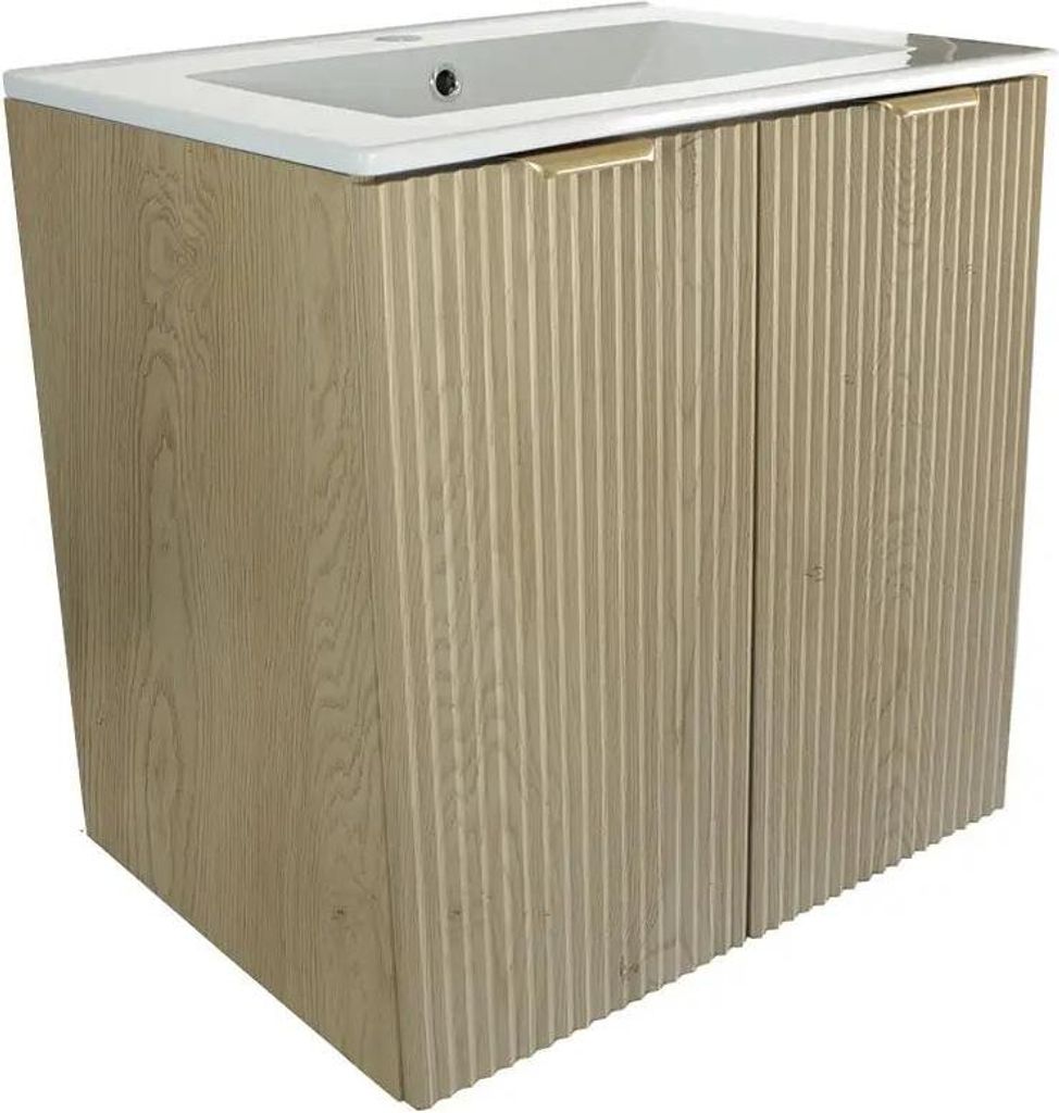 WENA Waschtischunterschrank mit Waschbecken, 2 Türen 60 cm, geriffelte Fronten, Griffe aus Metall in der Farbe Gold (Farbe: Eiche Cremona)