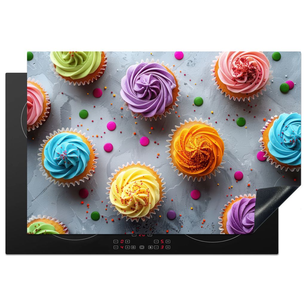 KitchenYeah Herdabdeckplatte Cupcakes - Muffins - Farbenfroh , 76x51cm, Küche Deko, Glaskeramikkochfeld Herdabdeckung, Abdeckplatte fùr Kochfeld