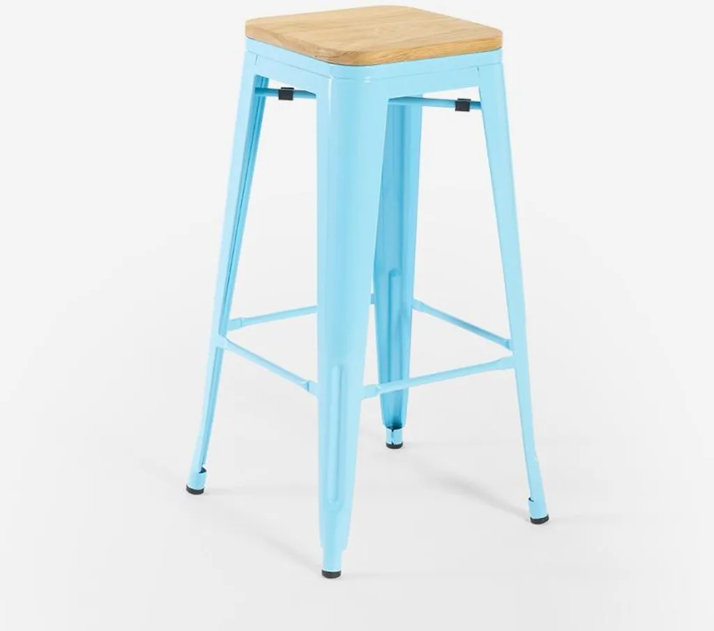Chaise haute de cuisine métal bleu ciel Steel Up Wood - Assise bois 78cm