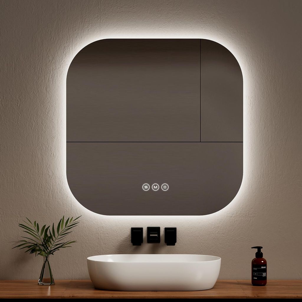 EMKE LED Badspiegel 60 x 60 cm Badezimmerspiegel mit Beschlagfrei, 3 Lichtfarbe Badezimmerspiegel mit Touch-schalter, Dimmbar Wandspiegel mit Speic...