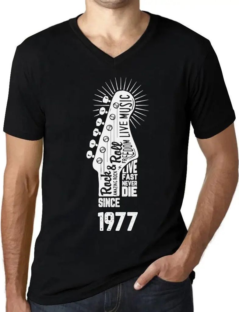 Herren Grafik T-Shirt V-Ausschnitt Lebe schnell stirb nie Gitarre und Rock & Roll seit 1977 – Live Fast, Never Die Guitar and Rock & Roll Since 1977