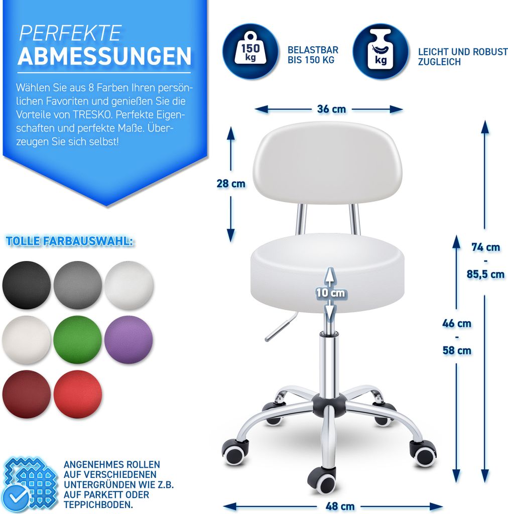 TRESKO Roller Stool White s opěradlem Pracovní stolička Obrázek produktu 7