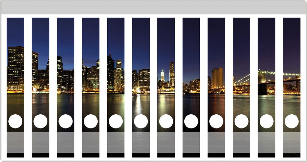 Wallario Ordnerrücken Sticker, selbstklebend für schmale Ordner, 12 Stück, Motiv New York Skyline - Brooklyn Bridge und Manhattan am Abend