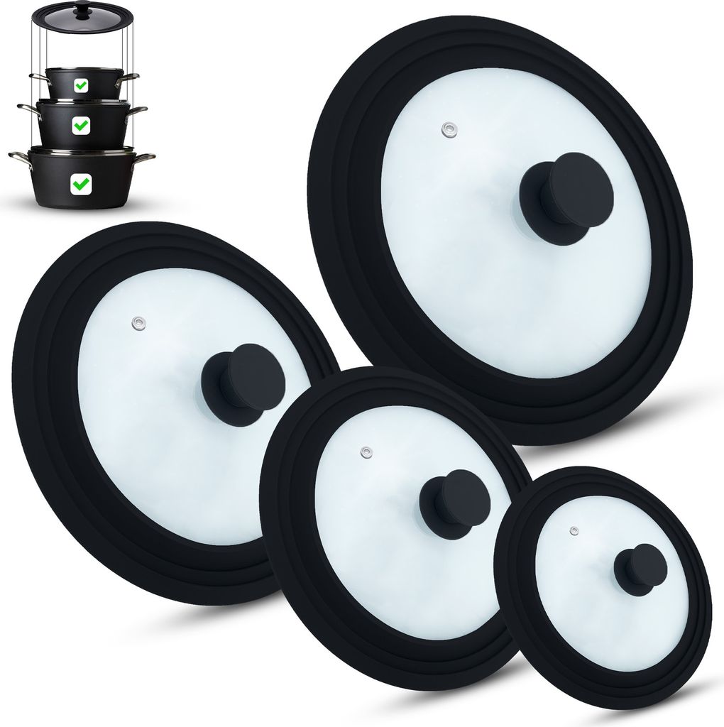 Universal Glasdeckel, Glasdeckel, Deckel, Töpfe und Pfannen, mit Auslassventil und Silikonrand. (4er Set,Schwarz)