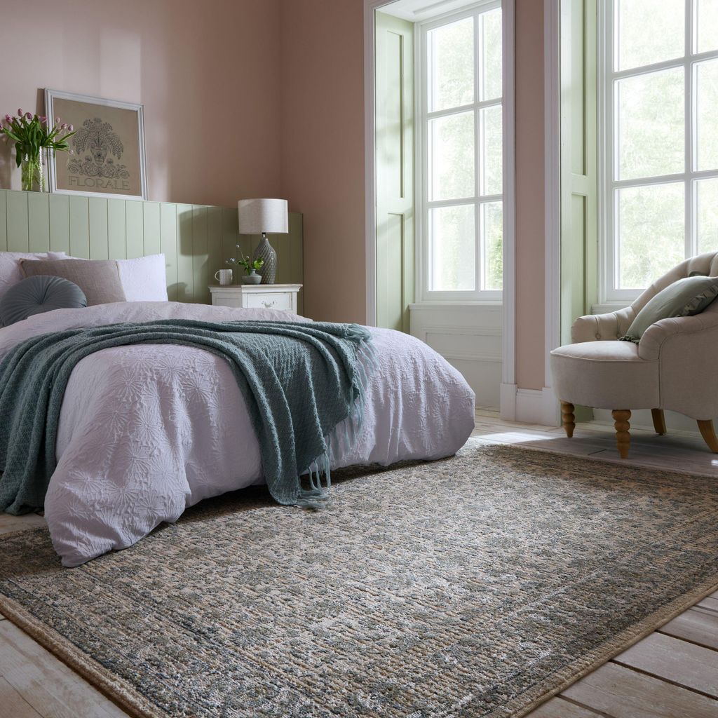 Orientteppich Vintage Blumen-Muster, Wohnzimmer Erdtöne-Grün Rechteckig 200x300 | 100% Polyester, Rücken aus 49% Polyester, 42% Baumwolle, 9% Latex