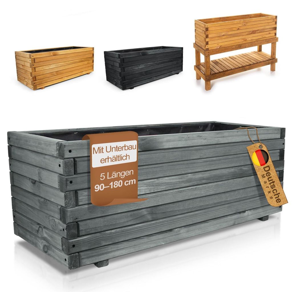 Pflanzkasten Holz mit Vlies 180x42x38cm anthrazit - XXL Blumenkasten rechteckig in 5 Größen aus imprägniertem Kiefernholz