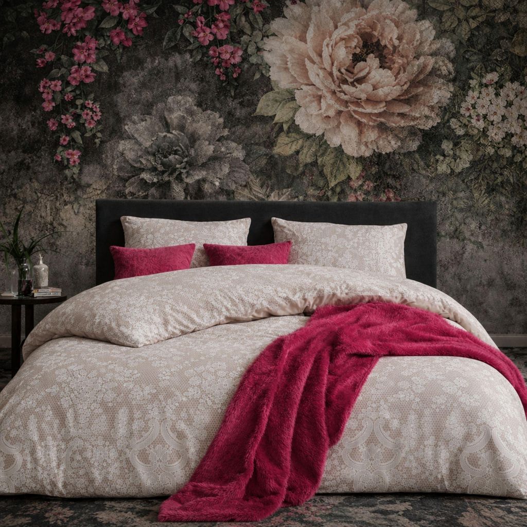 Bettwäsche 155x220 cm 4-teilig – Beige Creme Bettbezug mit Elegantem Spitzen & Ornament Muster – 2x Bettbezug 155x220 + 2x Kissenbezüge 80x80...