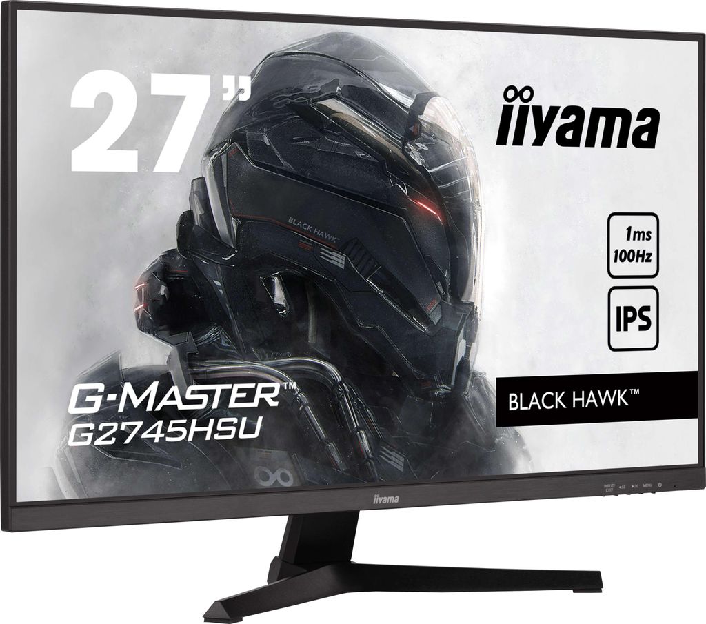 A product shot of a computer monitor with marketing text and graphics.
