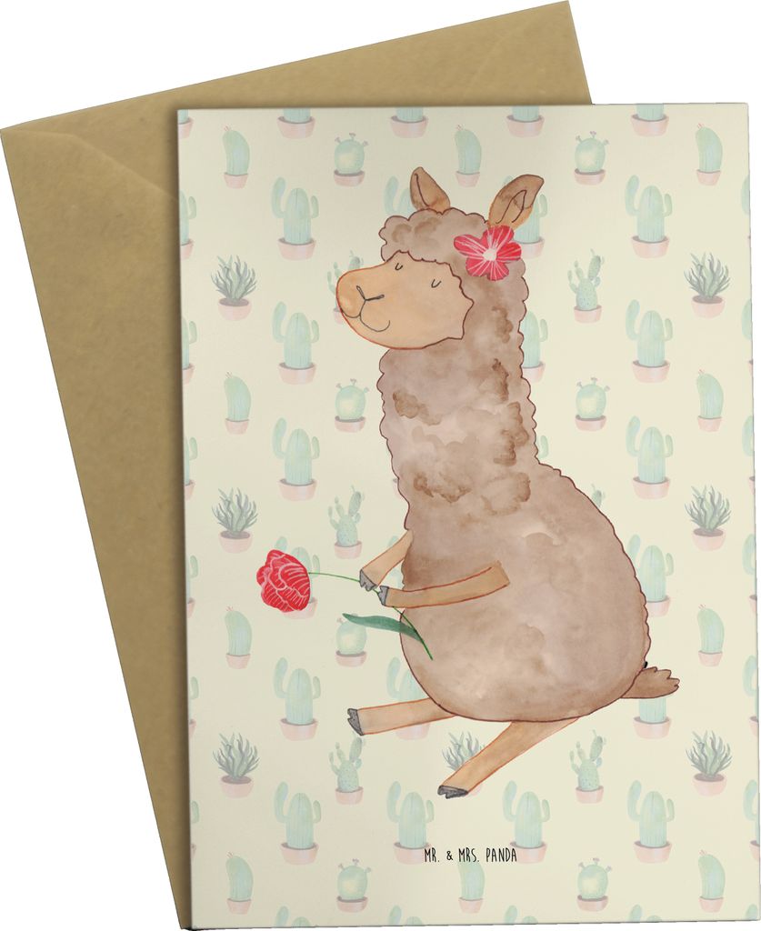 Mr. & Mrs. Panda Grußkarte Alpaka Blume - Kaktus Grün - Geschenk, weihnachtskarten, Witz, osterkarten, glückwunschkarten, osterkarte, Lama, einl...