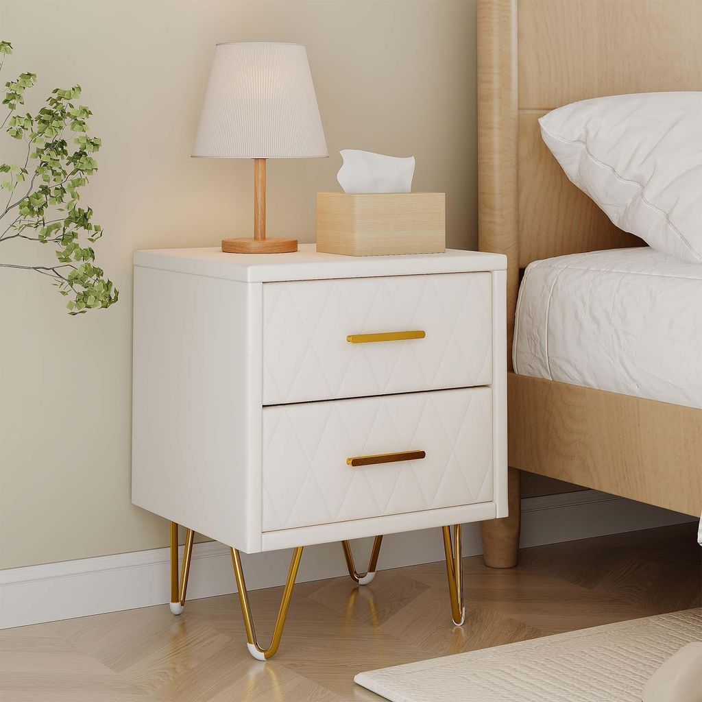 2er-Set Nachttische, Kunstleder, 2 Schubladen, goldfarbene Metallbeine, modernes Design, 41 x 35,5 x 51 cm, Tragkraft 80 kg, Beige
