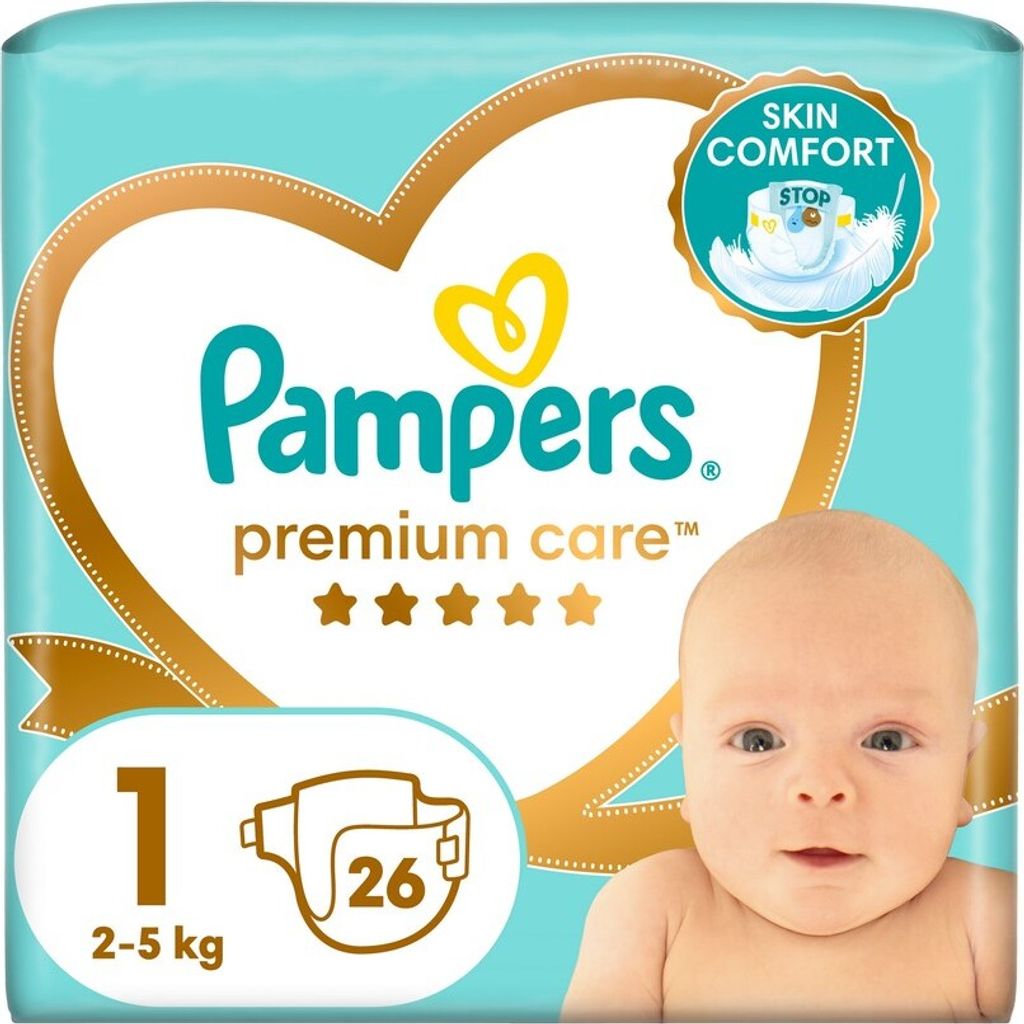 Packaging for Pampers Premium Care diapers, featuring a baby's face and product details.