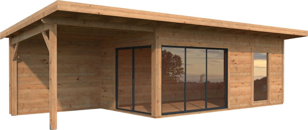 Palmako Gartenhaus Andrea 17,1+7,9 m² mit Schiebetür - 44 mm Hellbraun tauchgrundiert