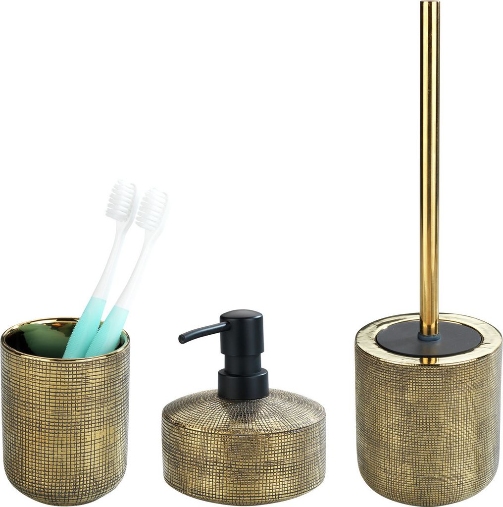 WENKO 3er Set Keramik Bad Accessoires Rivara Garnitur Seifen Spender Zahn Becher