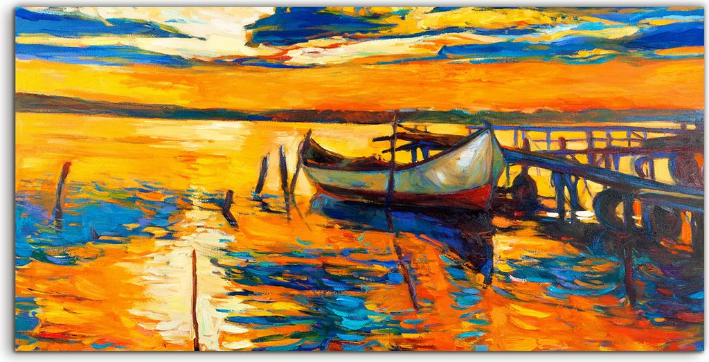 Coloray Acrylbild 120x60 Wandbild Acrylbilder Sonnenuntergang Boot Pier See Malerei