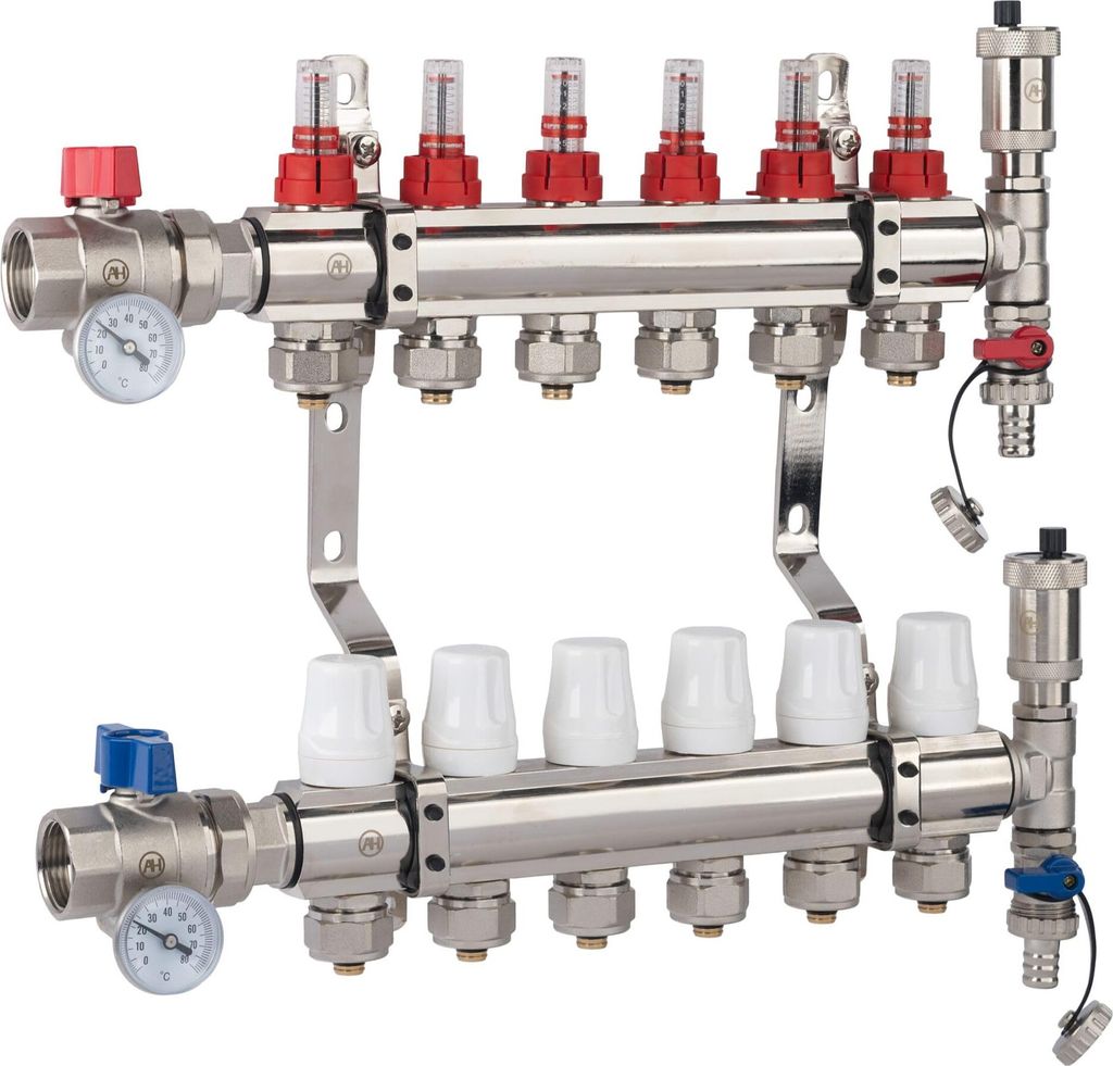 AQUA HEATING Heizkreisverteiler Für Fußbodenheizung 6 Heizkreise 10 Bar Verteiler Set Gerades Ventil PEX Verbinder