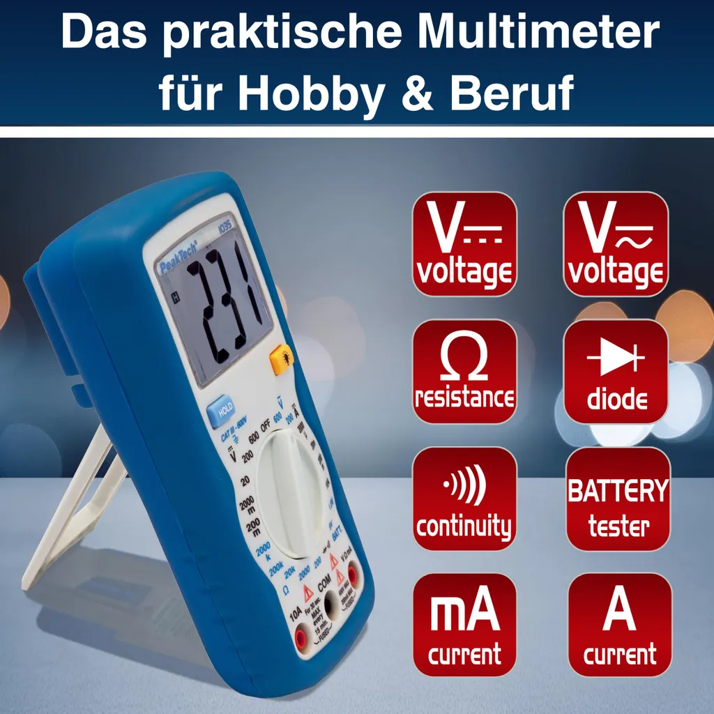 Multimètre PeakTech 1035 avec rétroéclairage et test de batterie intégré 9V - 9