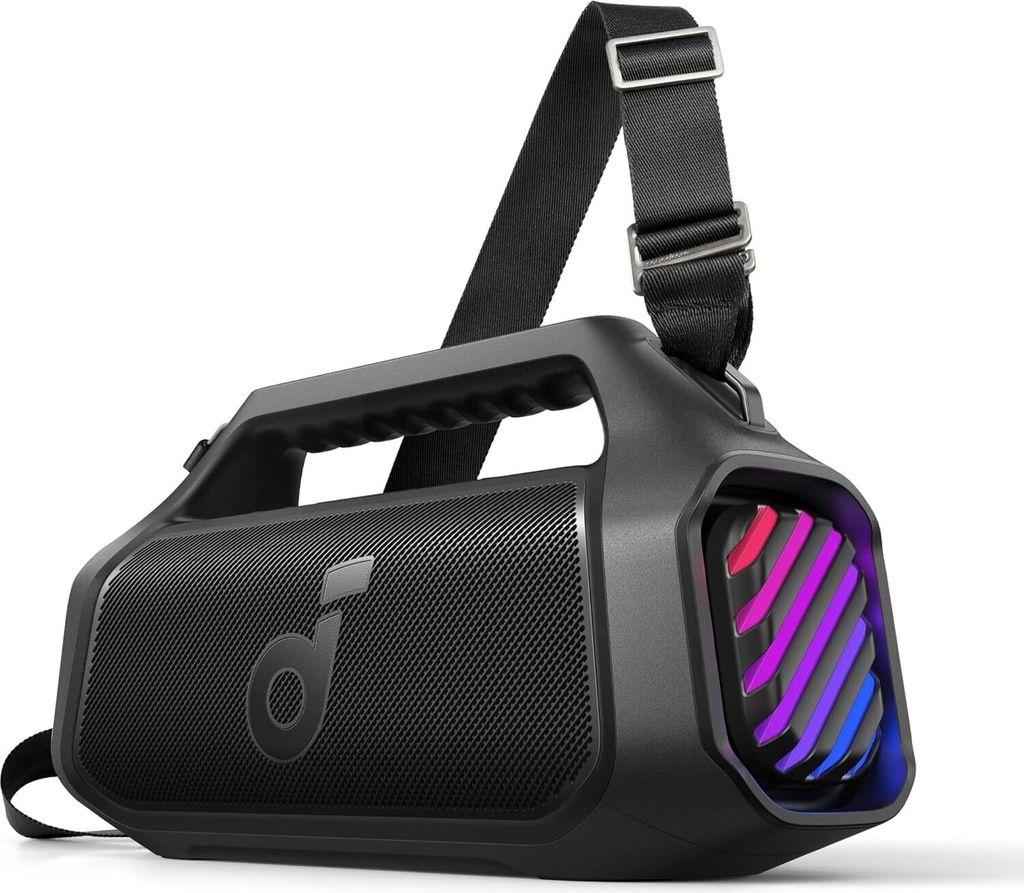 A black portable speaker with a strap and colorful lights.