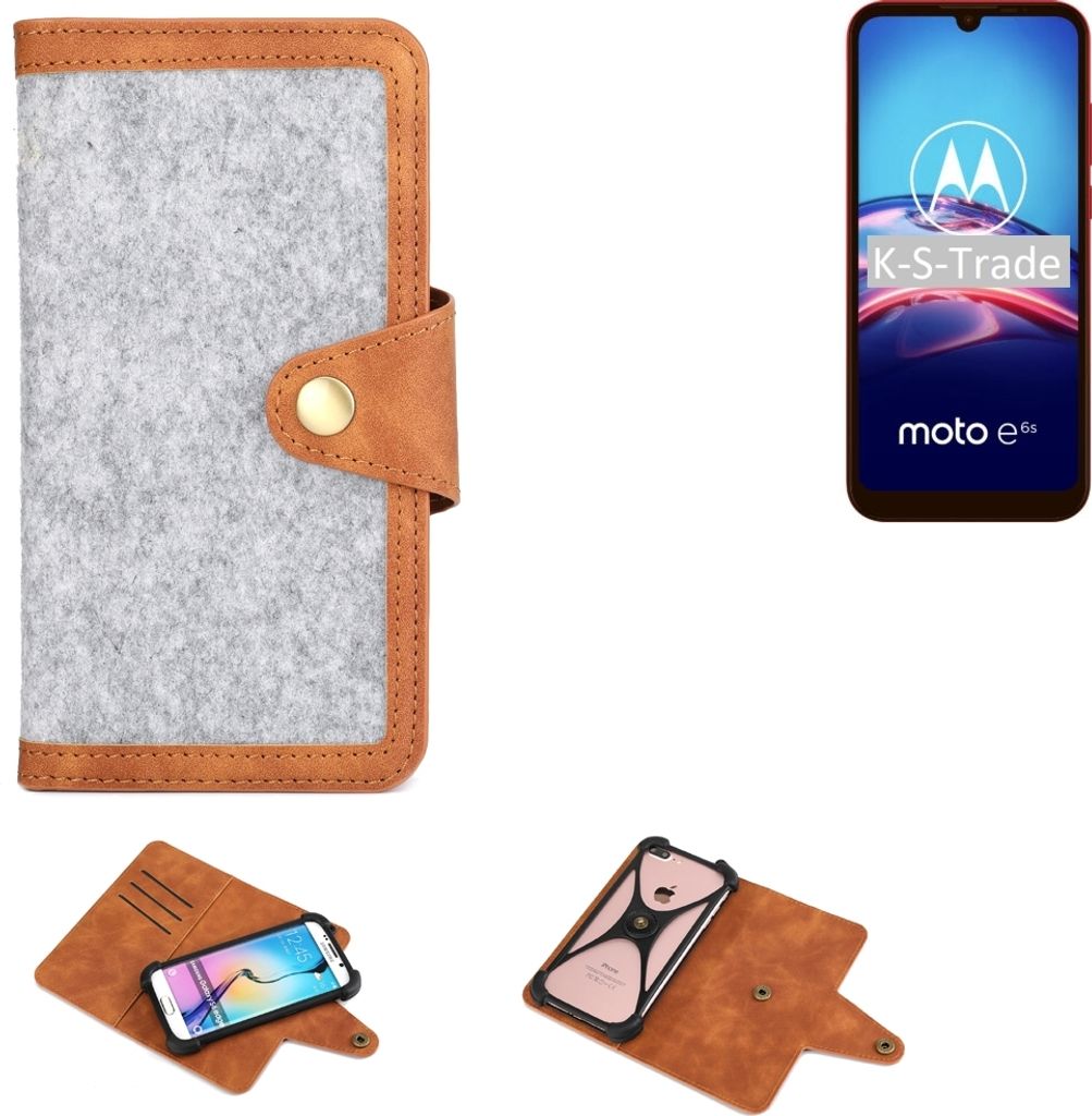 K-S-Trade Handyhülle kompatibel mit Motorola E6s Schutzhülle Filz-Hülle Kunst-Leder hellgrau braun (1x)