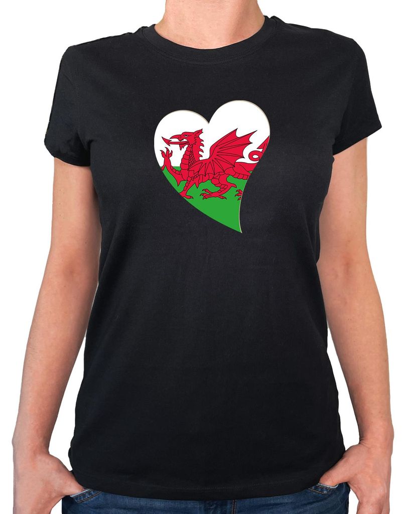 Huuraa Damen T-Shirt Wales Flagge Herz XXL Black Bio Baumwolle Fairtrade Damenshirt Geschenkidee