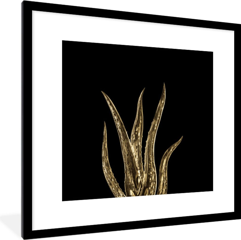 MuchoWow MuchoWow Gerahmtes Poster Aloe Vera - Gold - Blatt 40x40 cm - Poster mit zchwarzem Bilderrahmen - Poster - Plakat im Rahmen