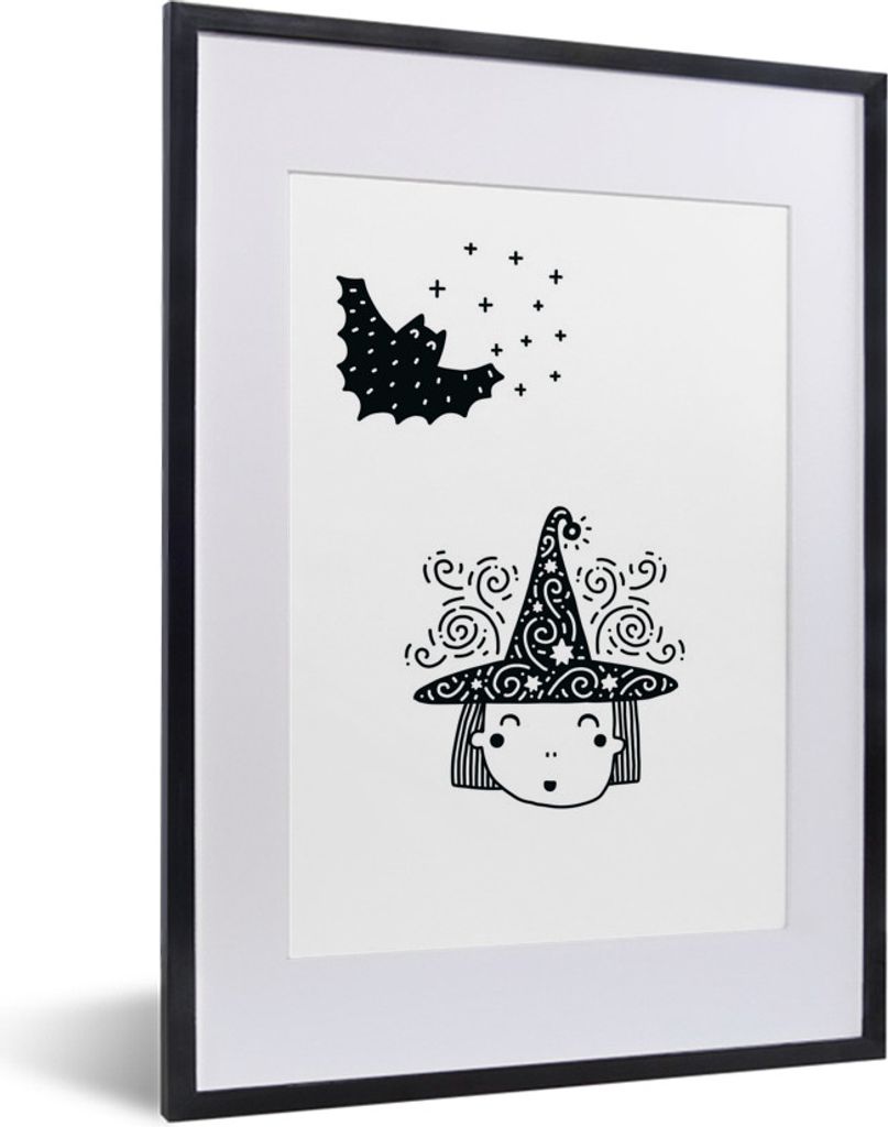 MuchoWow MuchoWow Gerahmtes Poster Hexe - Halloween - Schwarz - Weiß - Jungen - Mädchen - Baby 30x40 cm - Poster mit zchwarzem Bilderrahmen -...